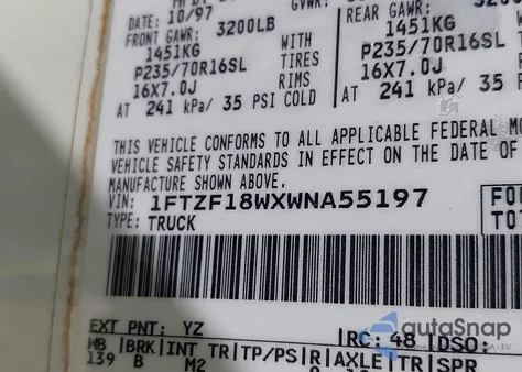 1998 Ford F-150 Lariat/Standard/Xl/Xlt из США, поврежденный, VIN 1FTZF18WXWNA55197